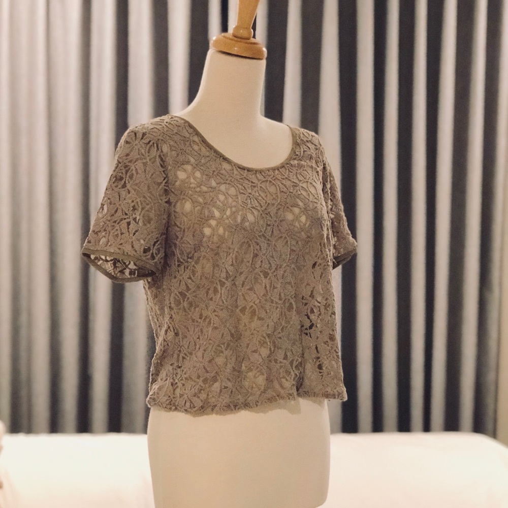 Grey Sexy Sheer Floral Embroided Lace Top Size S